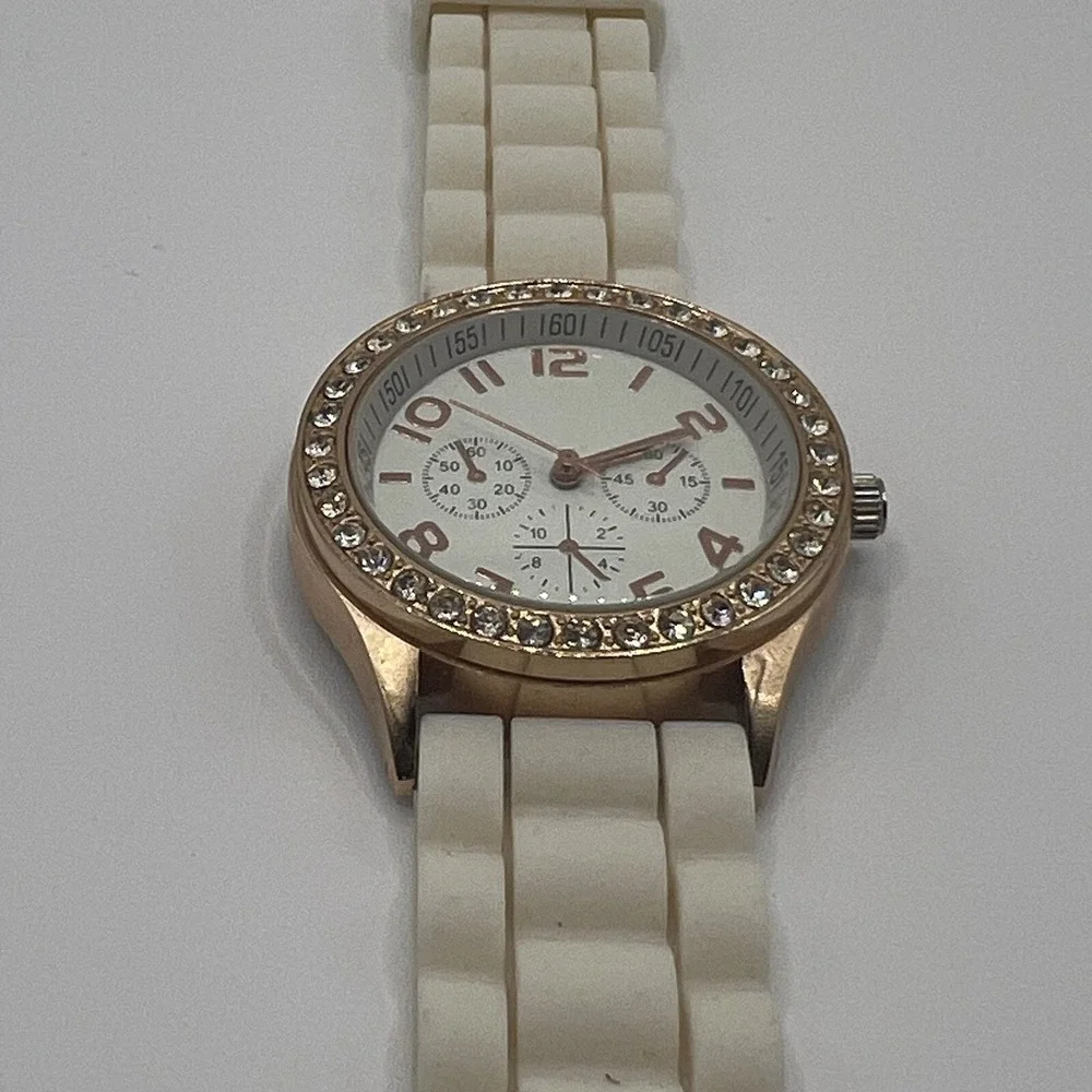 Ladies Trendy Round Rose Gold Tone Bezel‎ White Dial Poly Band Analog Watch J6
